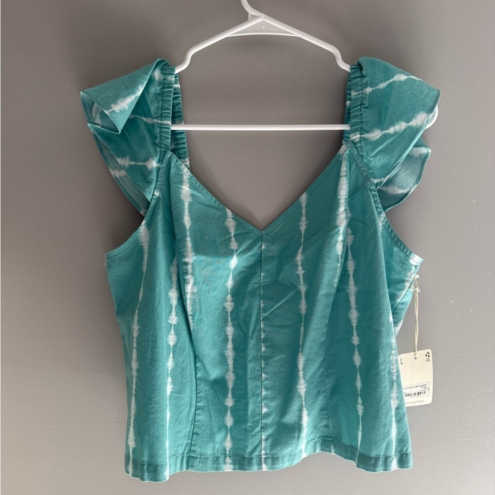 a.n.a Womans Teal Tie Dye Stripe Crop Top Sz LG 100% Cotton Smocked New Boho